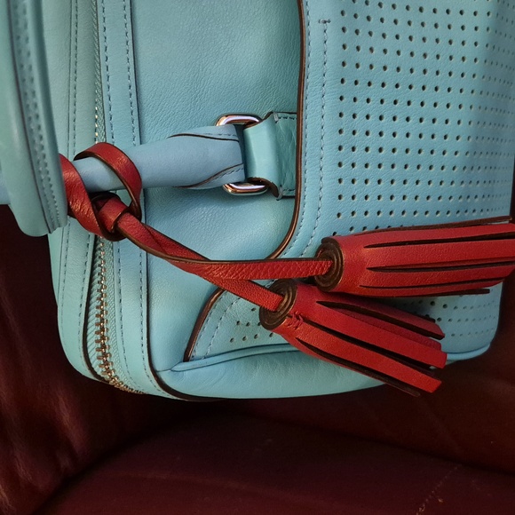 EUC 🌟 LN 🐦 COACH 🐦 HALEY (13') Leather PERFORATED Satchel 💙 ROBIN & BURGUNDY - Picture 3 of 15